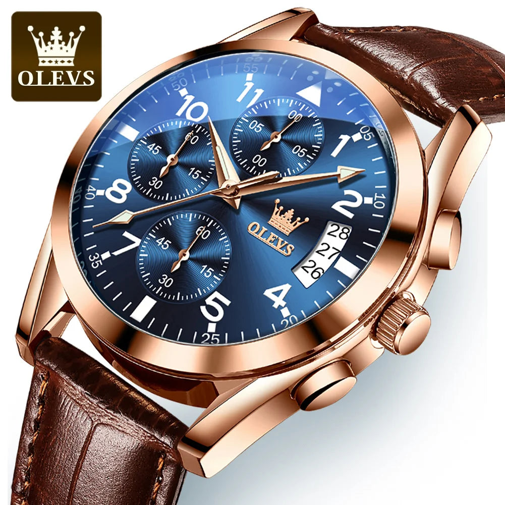 Olevs chronoSport2025- Reloj de cuarzo para hombres, cronógrafo de lujo con correa de cuero.