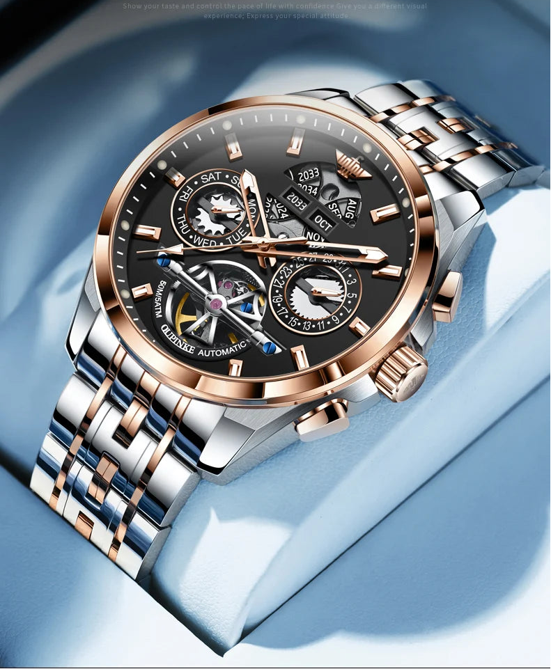 OUPINKE 3251 – Reloj Automático de Lujo · Skeleton Edition · Cristal de Zafiro · 5BAR Resistente al Agua