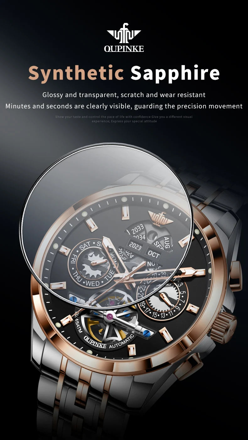 OUPINKE 3251 – Reloj Automático de Lujo · Skeleton Edition · Cristal de Zafiro · 5BAR Resistente al Agua