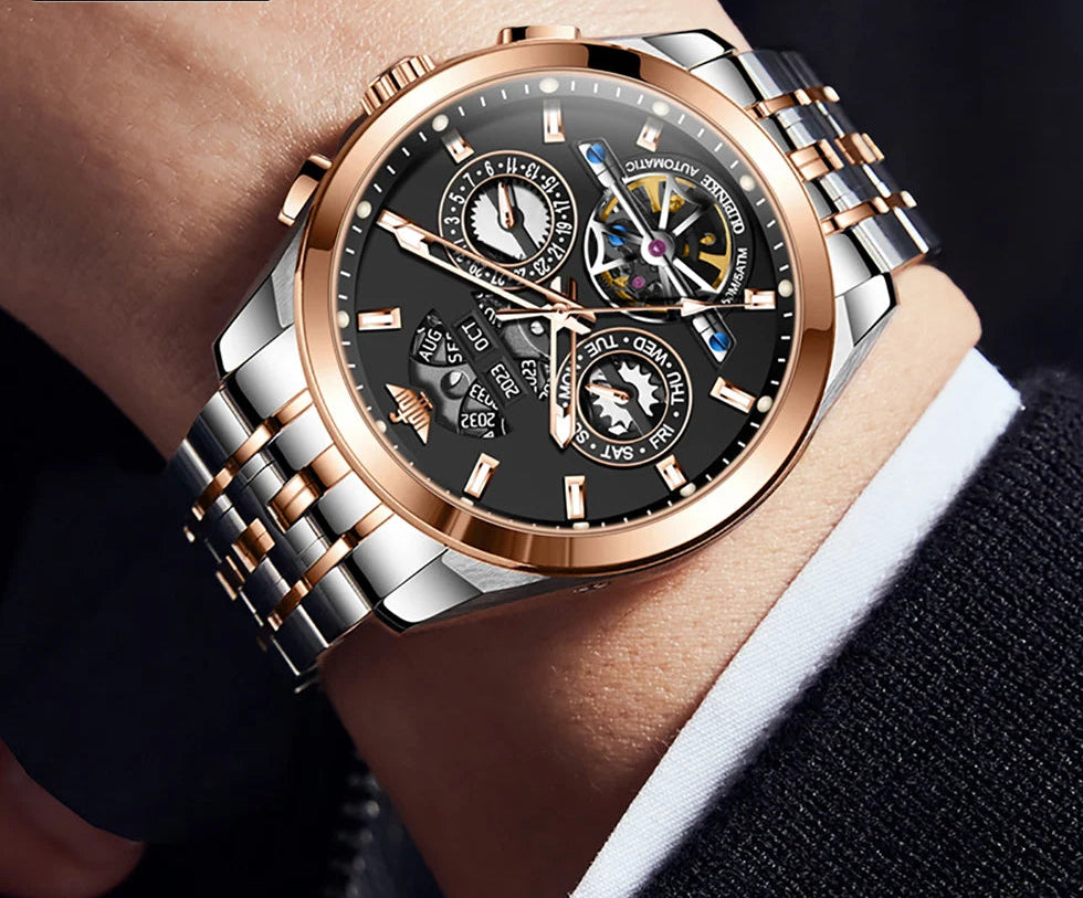 OUPINKE 3251 – Reloj Automático de Lujo · Skeleton Edition · Cristal de Zafiro · 5BAR Resistente al Agua